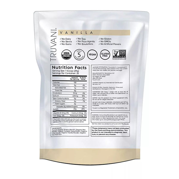 Truvani Certified Organic Plant Based Protein - Vanilla